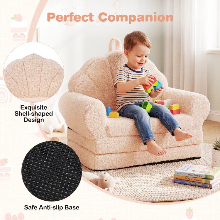 Shell-shaped beige convertible kids sofa chair with anti-slip base, perfect for lounging, reading, or watching TV.