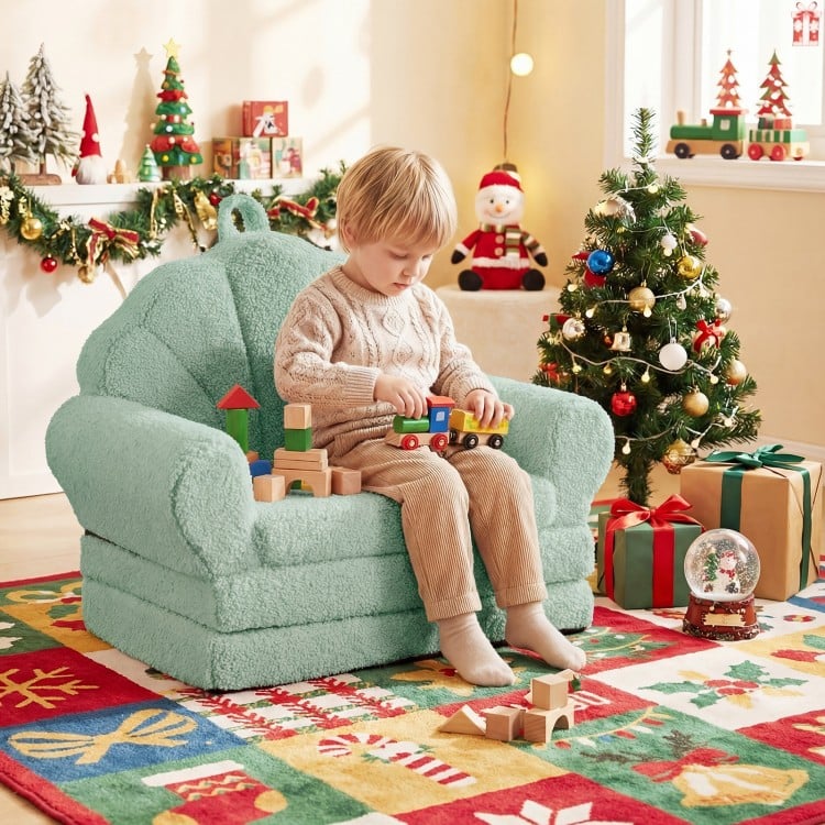 Convertible kids sofa in green, made of soft teddy fleece, perfect for lounging and playtime activities.