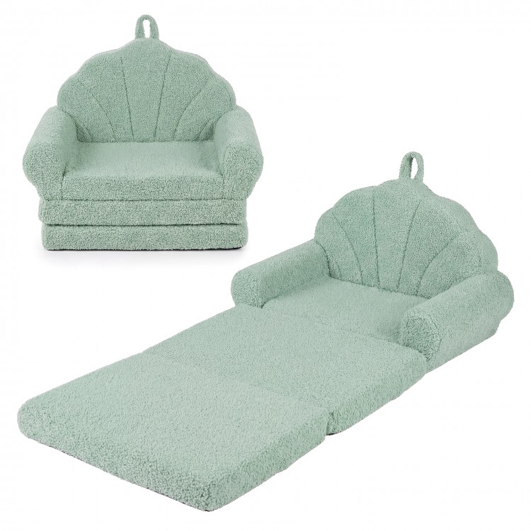 Convertible kids sofa in green, made of soft teddy fleece, easily transforms into a flat lounge bed for versatile use.