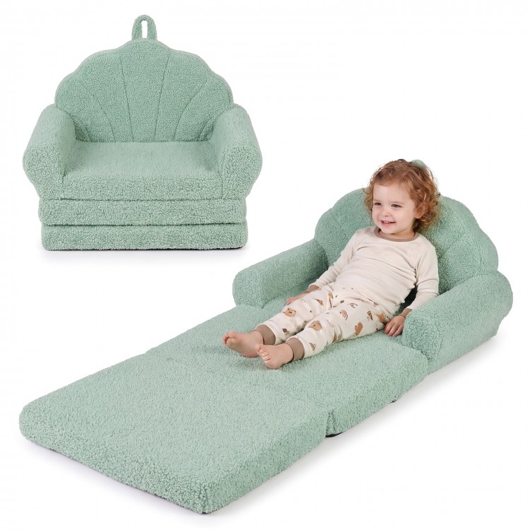 Convertible kids sofa in green, featuring a fold-out design for lounging, made with soft teddy fleece and high-density.