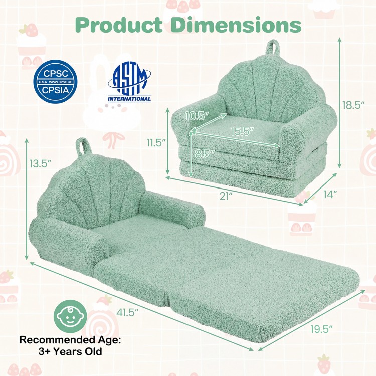 Convertible kids sofa in green, featuring a 2-in-1 design for lounging or sitting, made of soft teddy fleece fabric.
