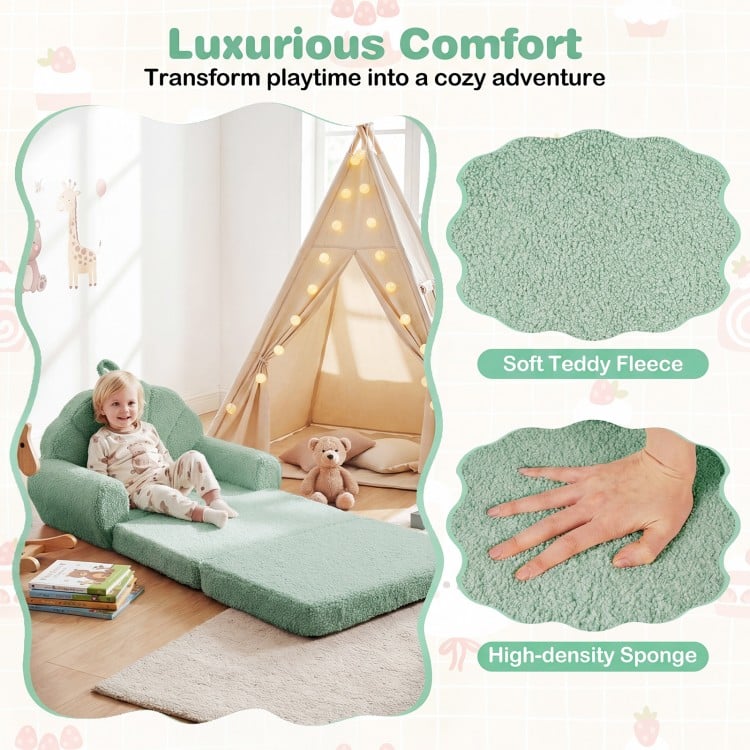 Convertible kids sofa in green, made of soft teddy fleece, ideal for lounging or reading with comfy armrests.