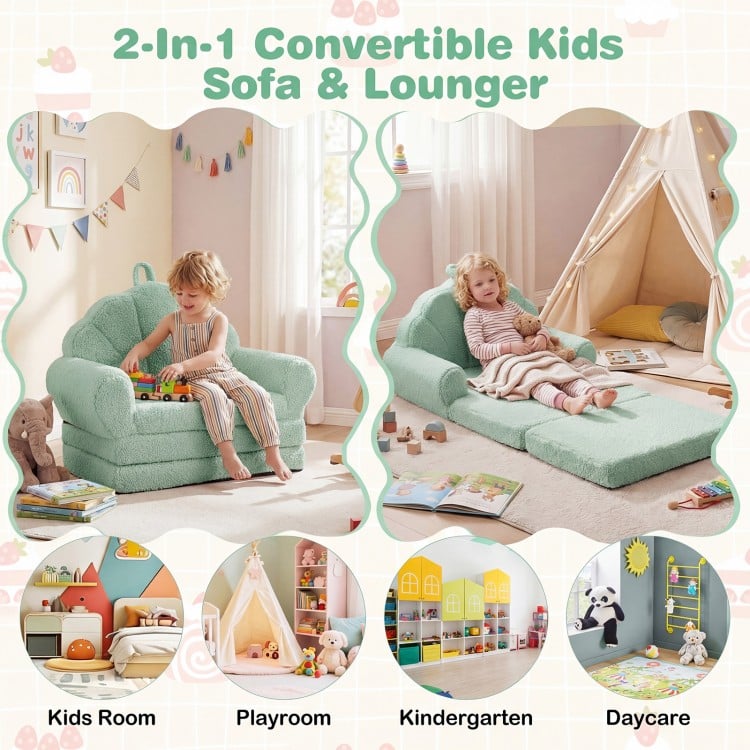 Convertible kids sofa in green, designed as a chair or flat lounge bed, featuring soft teddy fleece fabric for comfort.