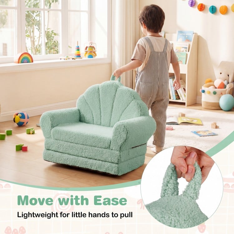 Convertible kids sofa in green, made of soft teddy fleece, designed for easy movement and comfort during playtime.