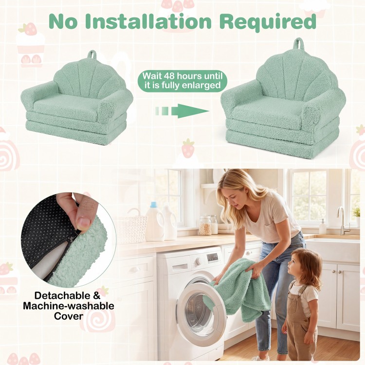 Convertible kids sofa in green, made of soft teddy fleece, easily transforms from chair to flat lounge bed for.