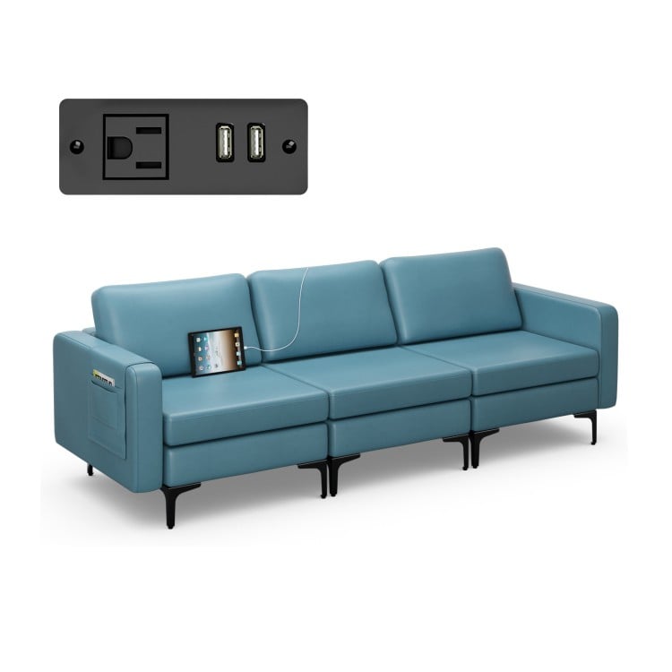 Convertible blue leather sofa couch with magazine pockets and two USB ports, featuring removable cushions and durable.