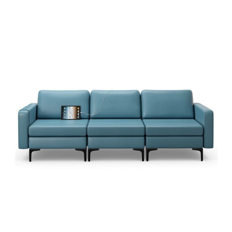 Convertible blue leather sofa with magazine pockets, 3-seat design, featuring 2 USB ports for convenient charging.