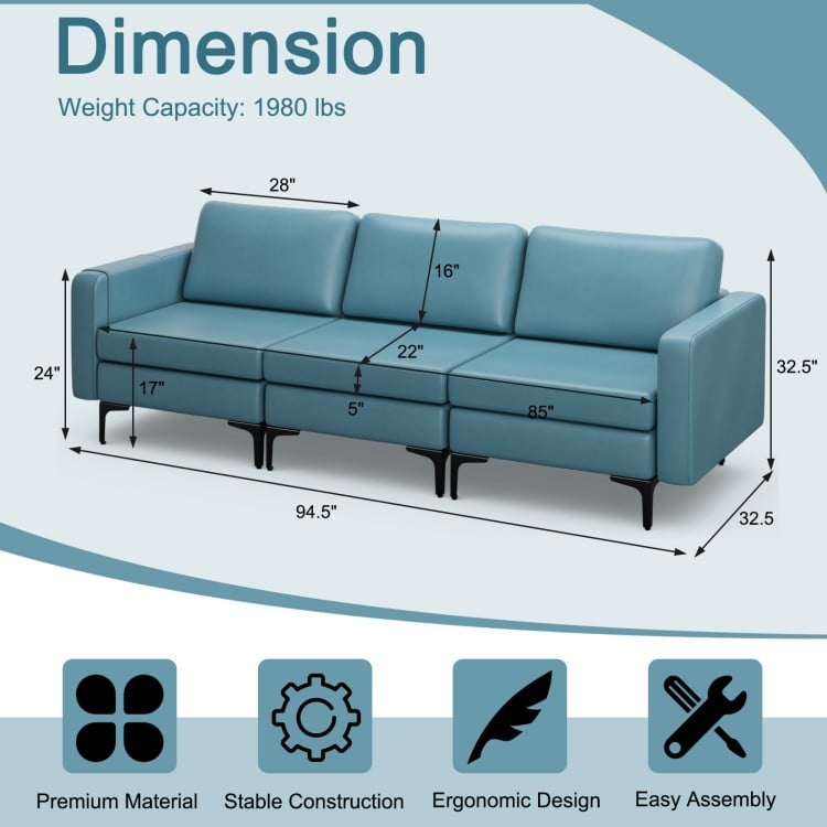 Convertible blue leather sofa couch with magazine pockets, 3-seat design, and 2 USB ports for convenient charging.