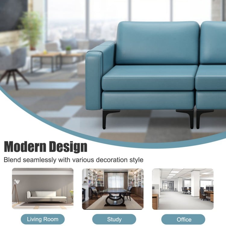 Convertible blue leather sofa couch with magazine pockets, featuring a modular design for versatile living room or.