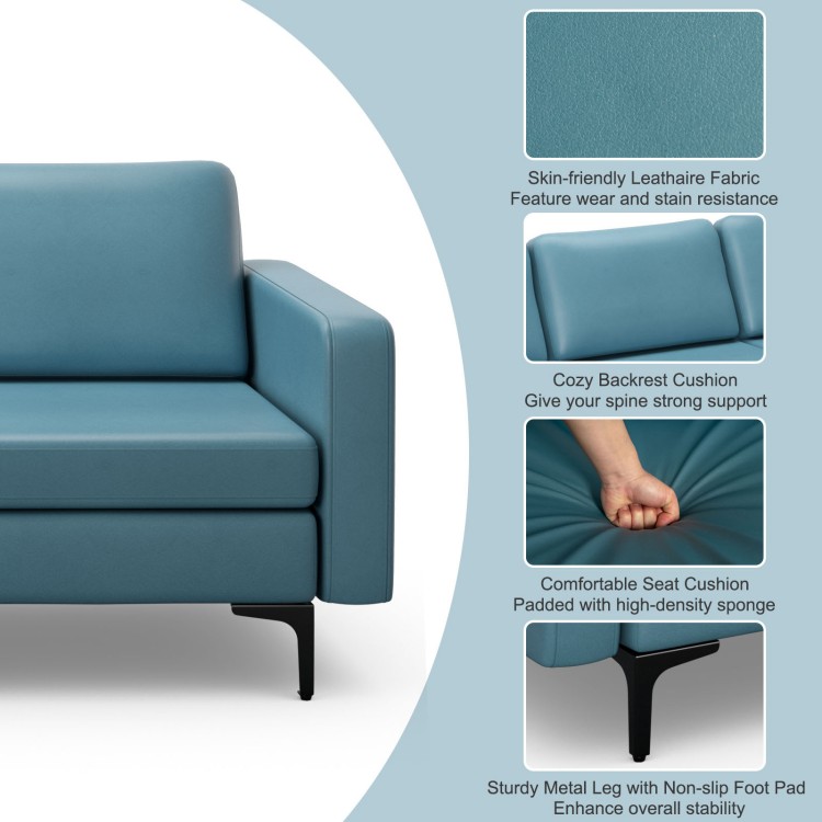 Convertible blue leather sofa couch with cozy backrest cushion and sturdy metal legs, perfect for stylish living rooms.
