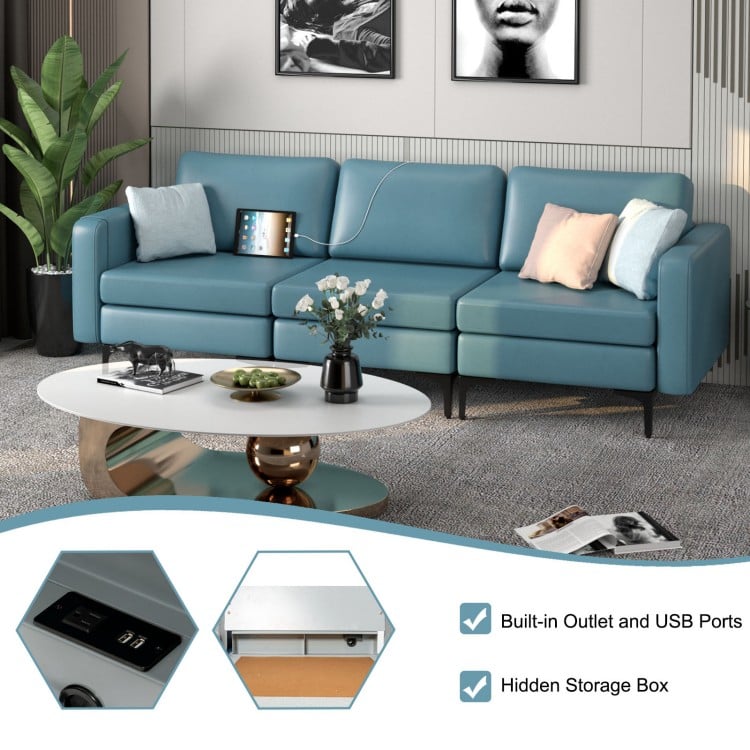 Convertible blue leather sofa with magazine pockets, USB ports, and removable cushions for versatile living room use.