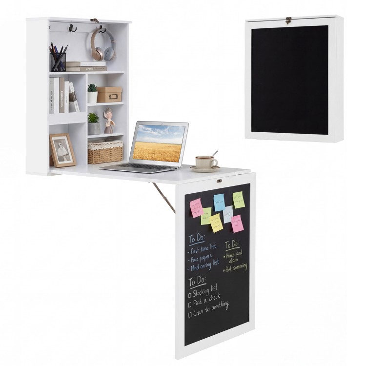 Convertible wall-mounted table in white with chalkboard, offering a space-saving work and storage solution.