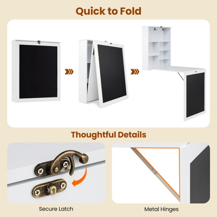 Convertible wall-mounted table with a chalkboard, featuring metal hinges and a secure latch for space-saving storage.