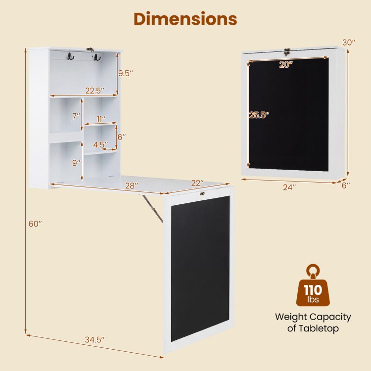 Convertible wall-mounted table with chalkboard, featuring storage compartments and a fold-out design for space-saving.