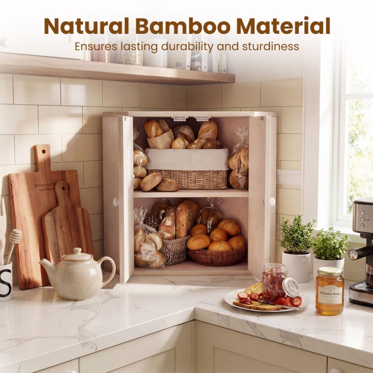 Corner bamboo bread box with dual-layer design and solid wood knobs, perfect for kitchen storage and freshness.