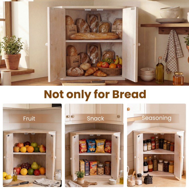 Corner bread box in white bamboo with dual-layer design, ideal for bread, fruit, and snacks in kitchen spaces.
