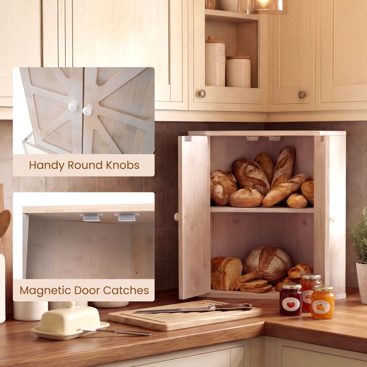 Corner bamboo bread box with dual-layer design, solid wood knobs, and magnetic catches for fresh storage in kitchen.