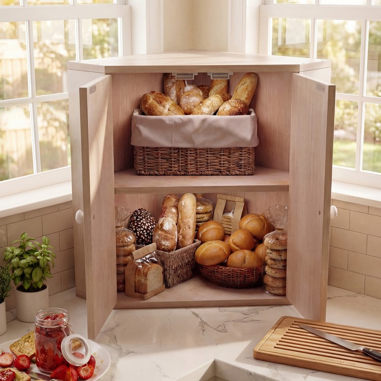 Corner bamboo bread box with dual-layer design, adjustable shelf, and magnetic catches for fresh storage in kitchen.