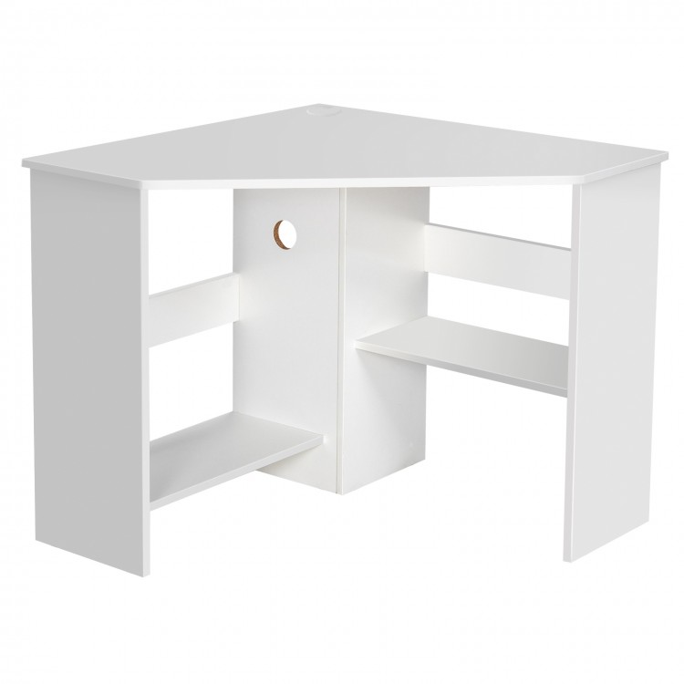 Corner computer desk in white with triangle design, spacious tabletop, and storage shelves for efficient workspace.