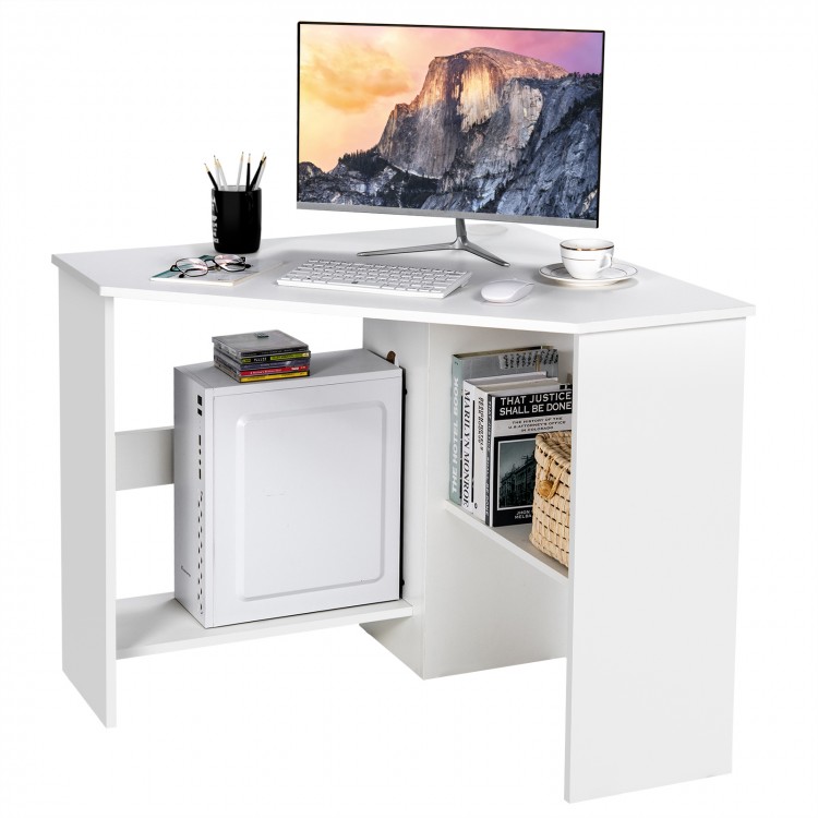 Compact white corner computer desk with storage shelf, designed for efficient space use and cable management.