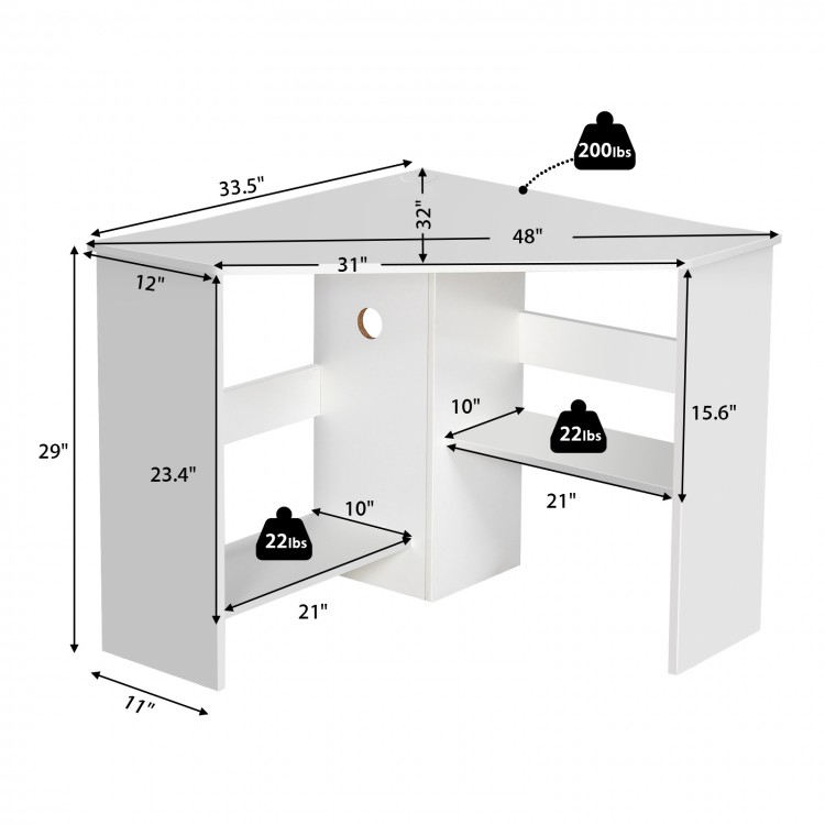 Triangle corner computer desk in white with storage shelves, cable management holes, and a 200 lbs weight capacity.