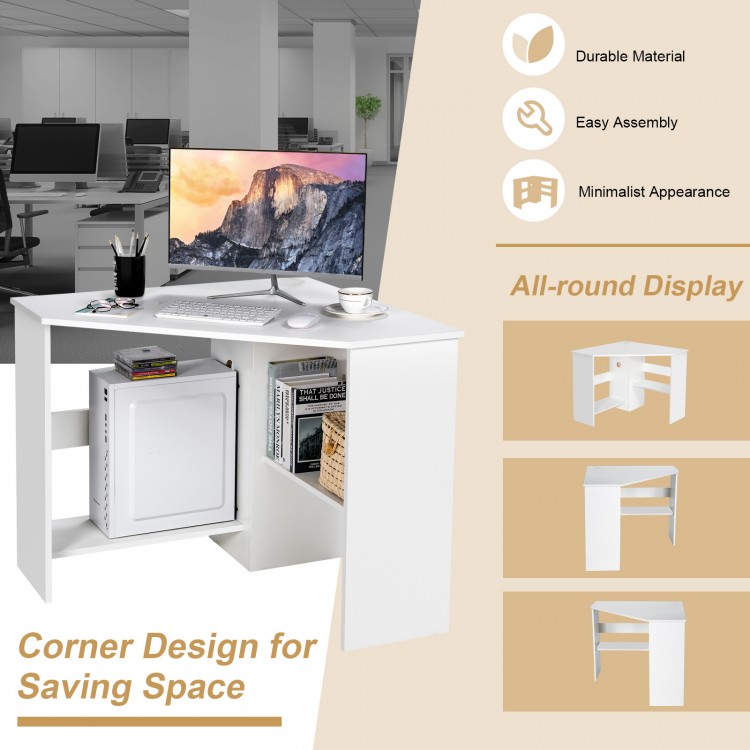 Corner computer desk in white with triangle design, spacious tabletop, and storage shelf for efficient space use.