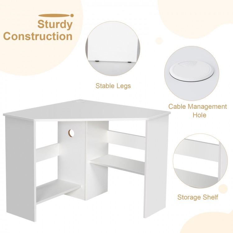 Triangle corner computer desk in white with storage shelves and cable management holes for efficient workspace.