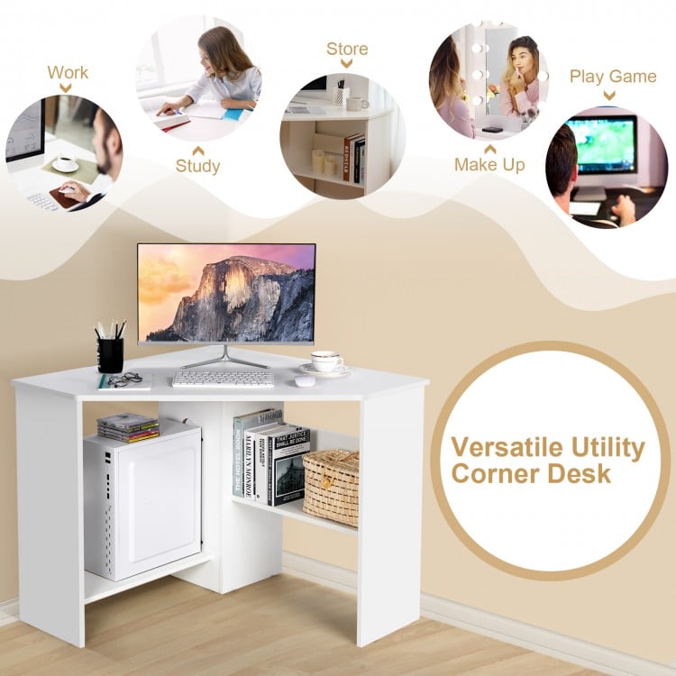 Corner computer desk in white with triangle design, spacious tabletop, and storage shelves for versatile use in any.