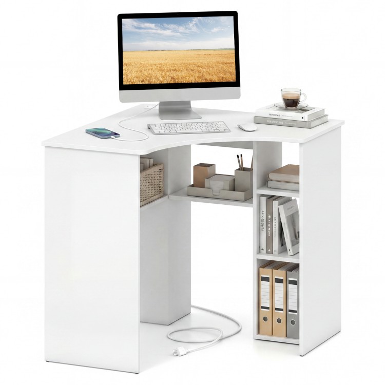 Corner computer desk in white with adjustable shelf, arc-shaped profile, and five open shelves for versatile storage.