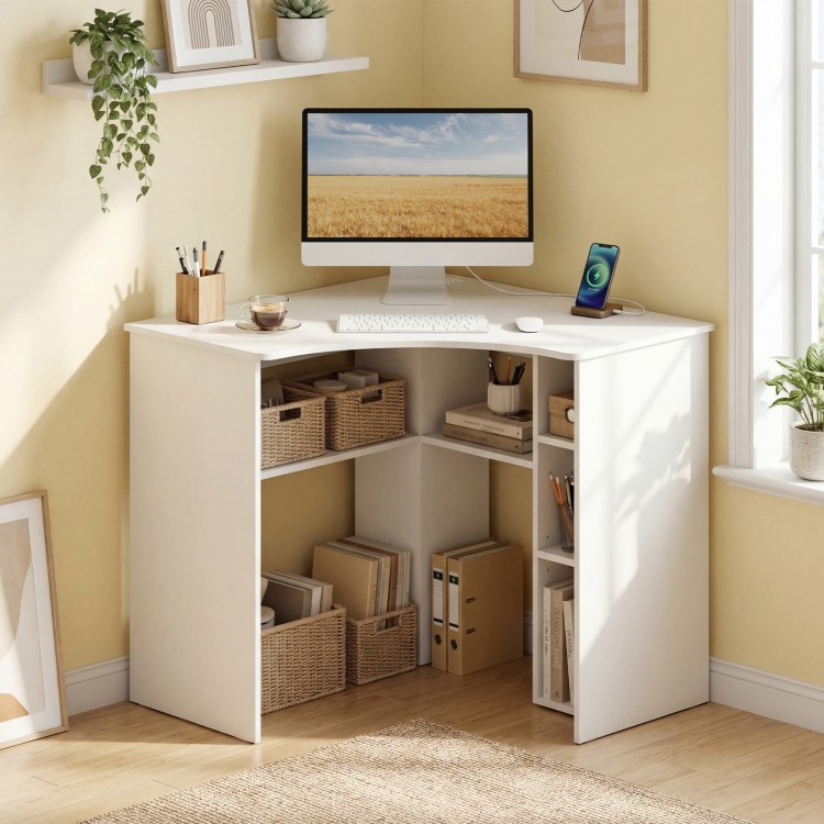 Corner computer desk in white features a triangle design, adjustable shelf, and arc-shaped profile for versatile workspace use.