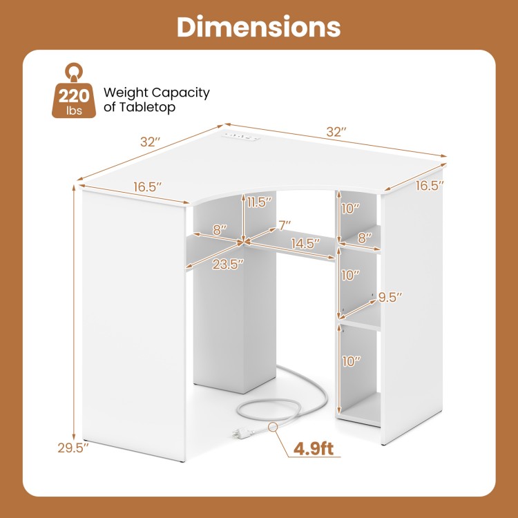 Corner computer desk dimensions display a 90° triangle design with a weight capacity of 220 lbs for effective workspace use.
