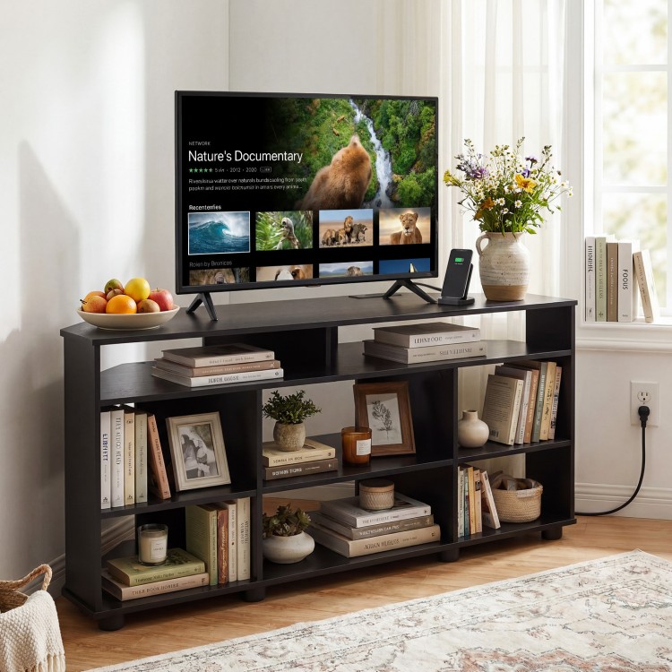 Black corner entertainment center TV stand with adjustable shelves, suitable for TVs up to 55 inches, ideal for.