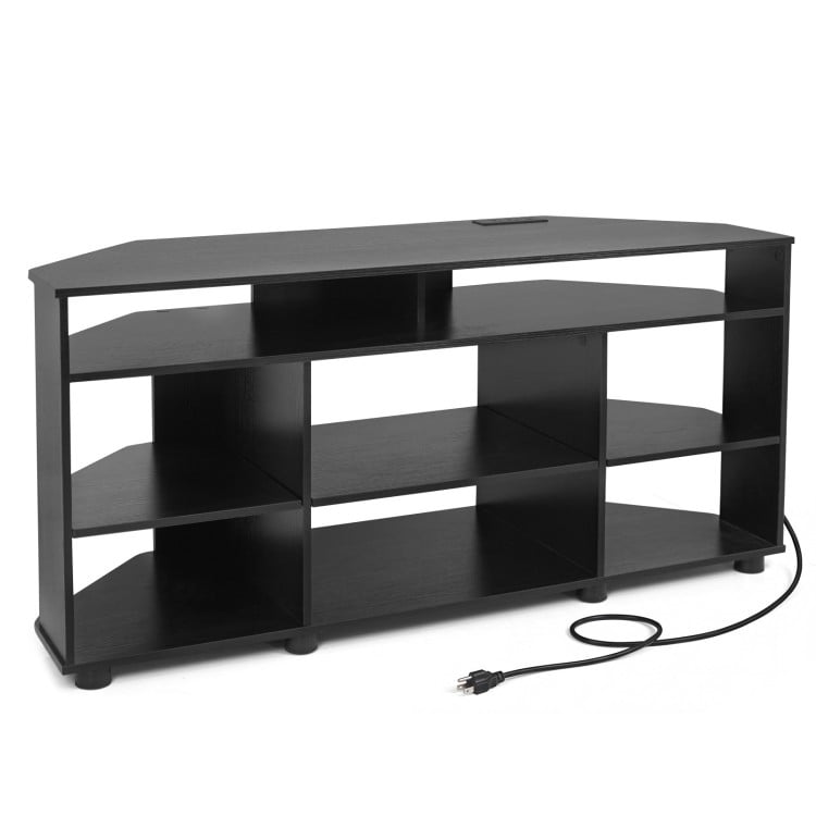 Corner TV stand in black for TVs up to 55 inches, featuring adjustable shelves and a convenient charging station.