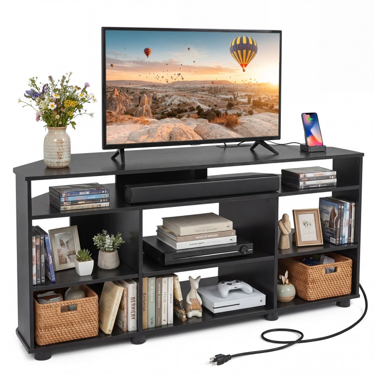 Corner entertainment center TV stand in black for TVs up to 55 inches, featuring ample storage and adjustable shelves.