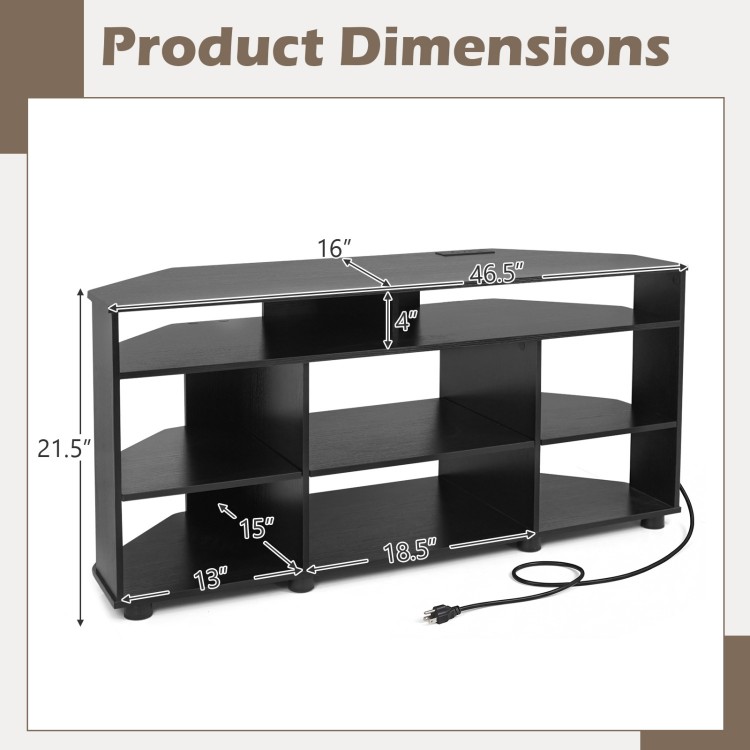 Corner TV stand dimensions with ample storage, suitable for TVs up to 55 inches, in sleek black finish.