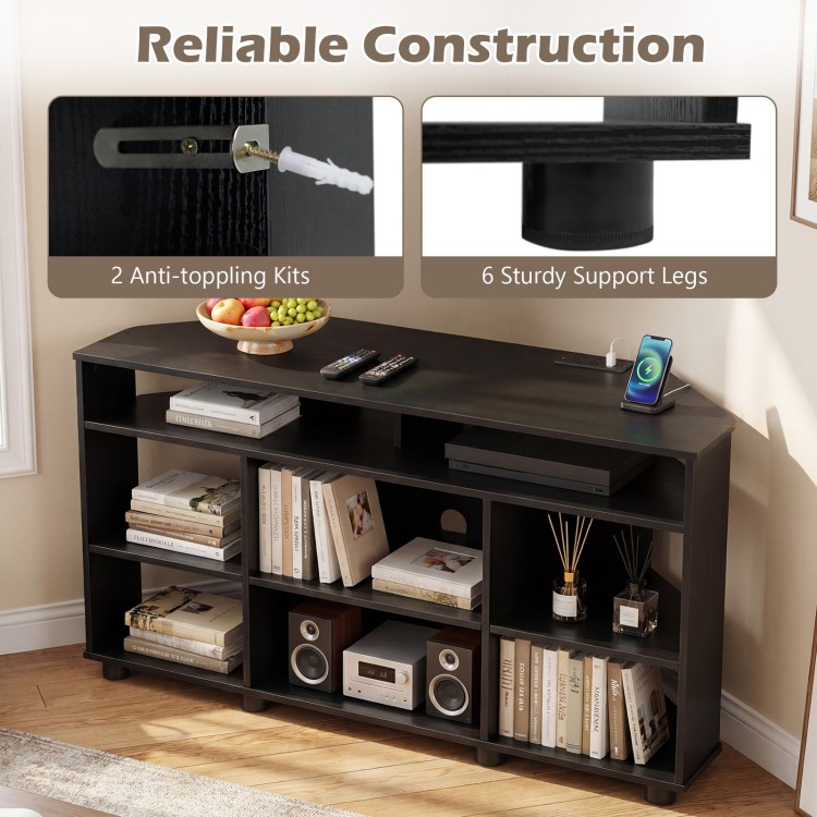 Corner entertainment center TV stand in black with ample storage, adjustable shelves, and sturdy support legs for TVs.