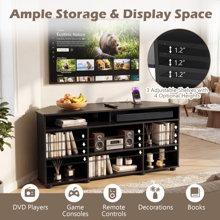 Corner entertainment center TV stand in black with ample storage, adjustable shelves, and space for TVs up to 55 inches.
