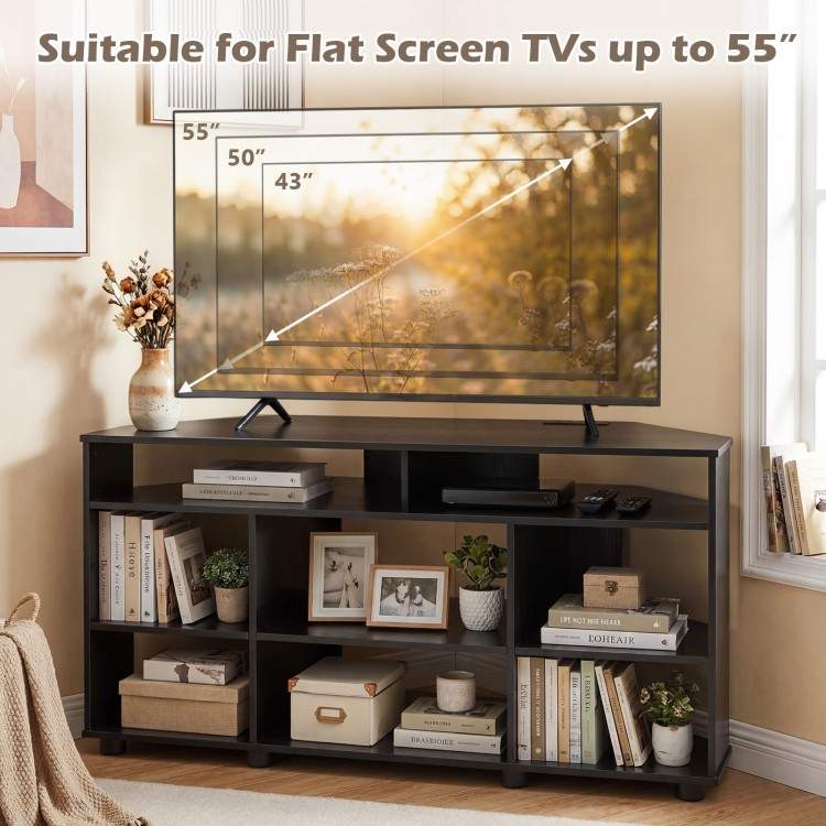Corner TV stand in black, suitable for TVs up to 55 inches, featuring adjustable shelves and ample storage space.