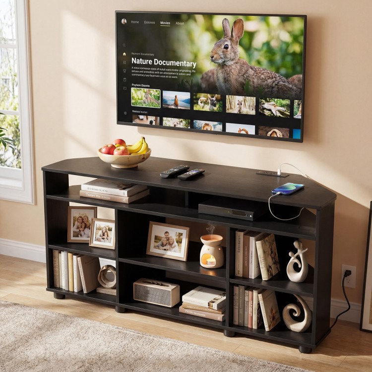 Corner TV stand in black for TVs up to 55 inches, featuring ample storage, adjustable shelves, and a charging station.