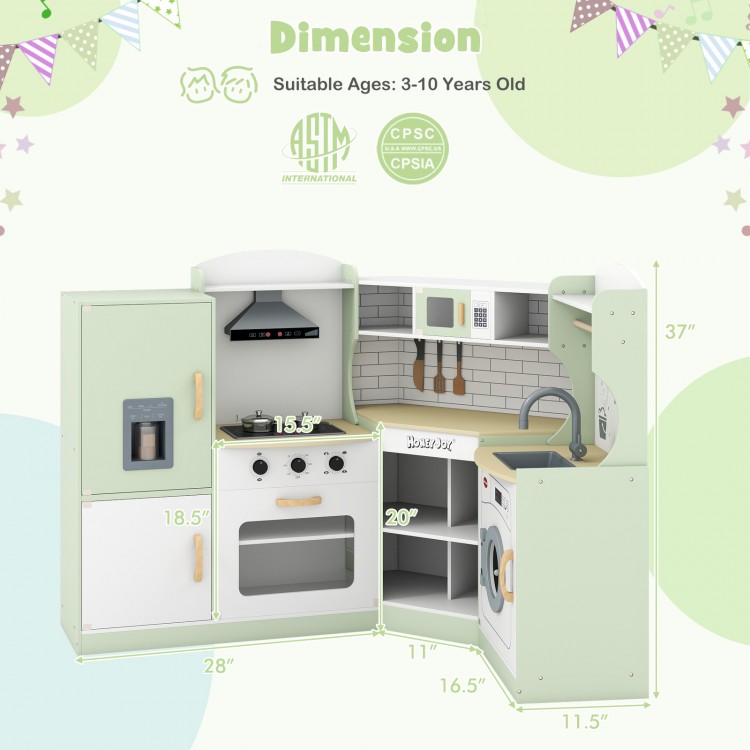 Corner kids play kitchen in green with washing machine and ice maker, designed for realistic play and storage.