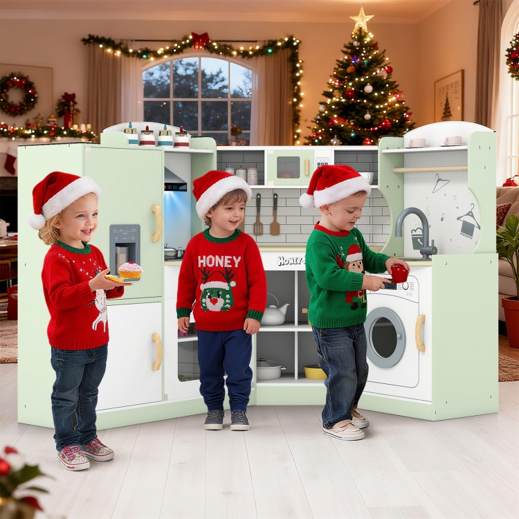 Kids playing with the green Corner Kids Play Kitchen featuring a washing machine and ice maker, perfect for imaginative.