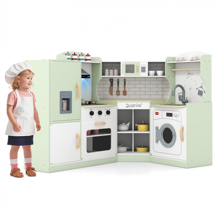 Corner kids play kitchen in green with washing machine and ice maker, designed for realistic cooking fun and storage.
