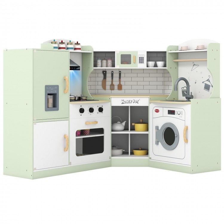 Corner kids play kitchen in green with washing machine and ice maker, featuring realistic cooking accessories for.