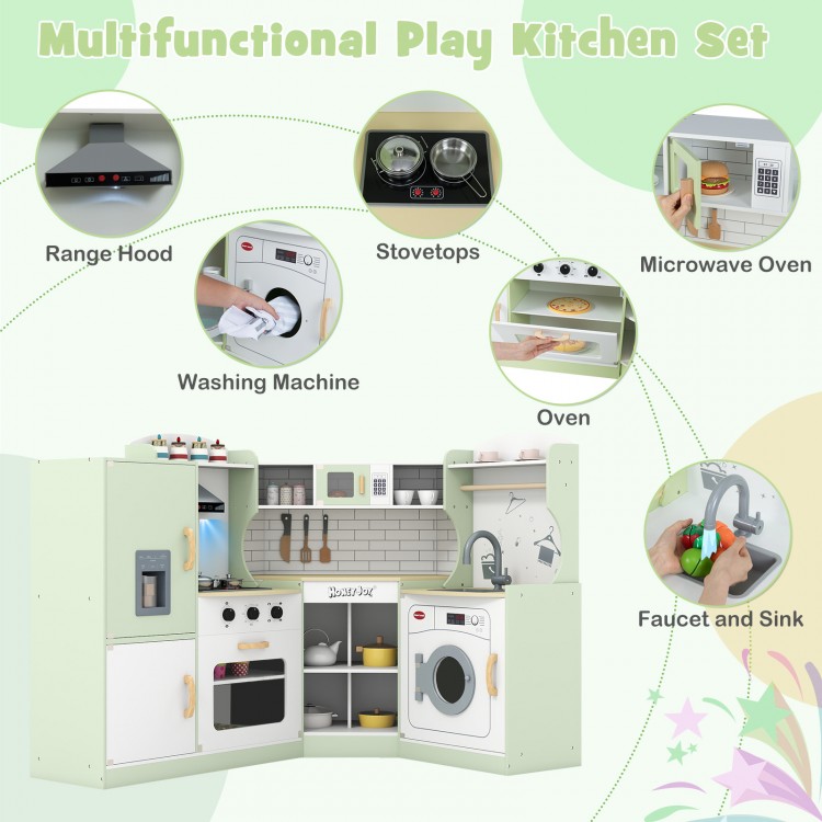 Corner kids play kitchen set in green with washing machine, oven, and stovetops for realistic cooking fun.