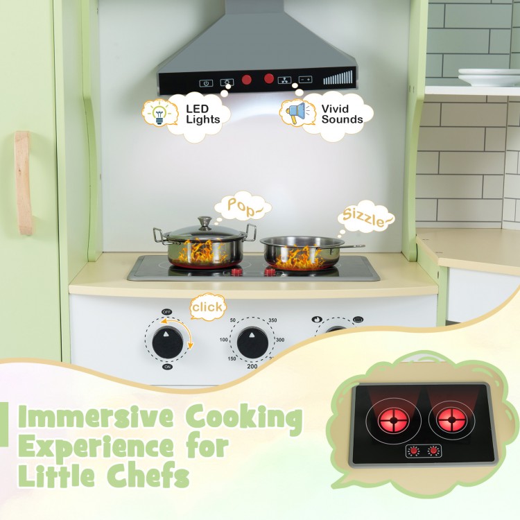 Corner kids play kitchen in green with pots, LED lights, and sounds, perfect for immersive cooking fun for little chefs.