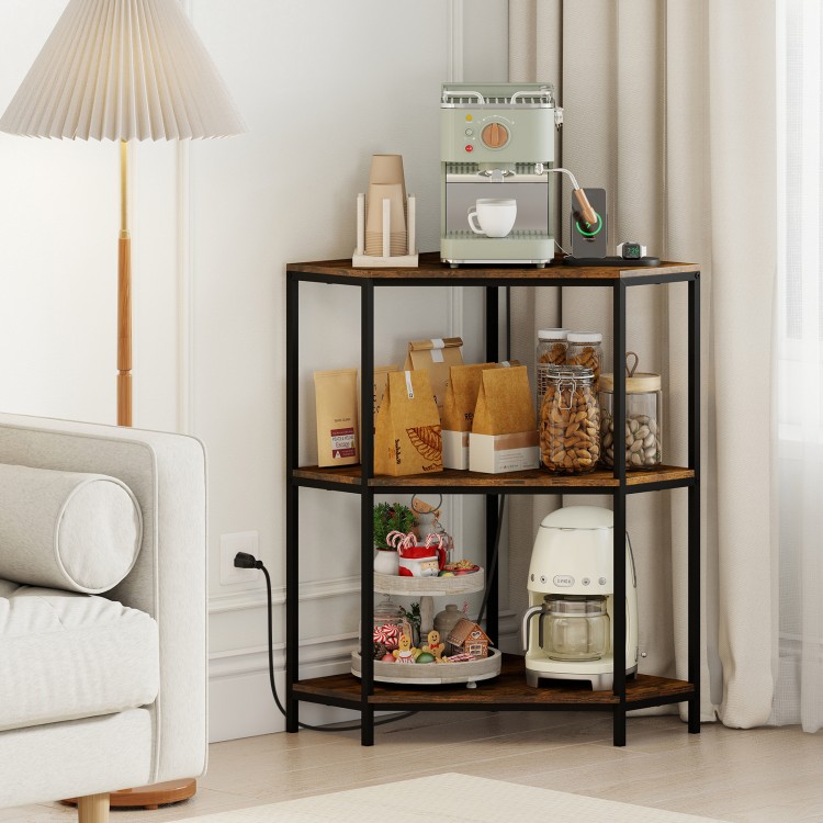 3-tier corner shelf with rustic brown finish and metal frame, featuring a built-in power strip for home office.