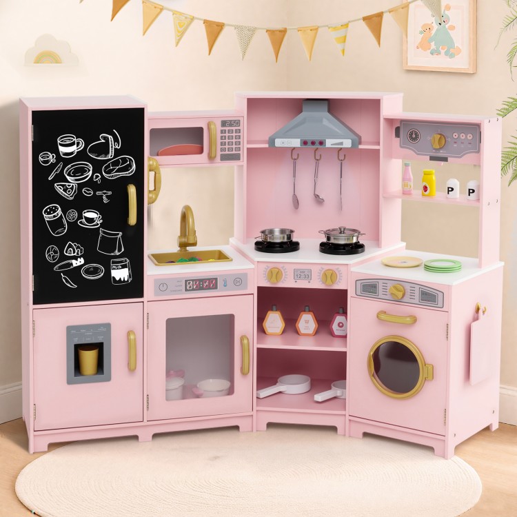 Corner wooden play kitchen set in pink with lights, sounds, and accessories for imaginative pretend play.