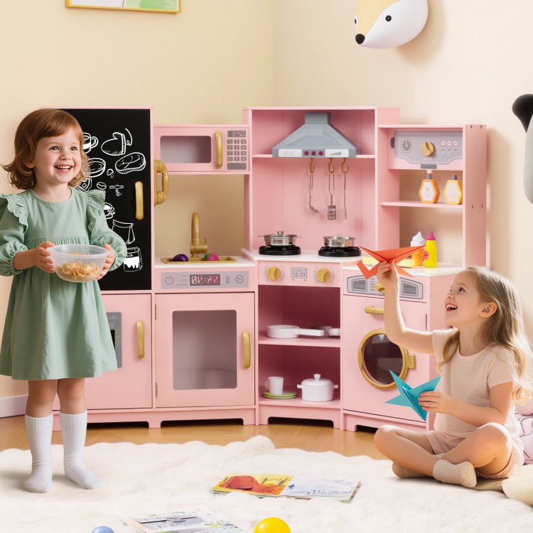 Wooden pink corner play kitchen set with lights and sounds, featuring kids cooking and playing with accessories.