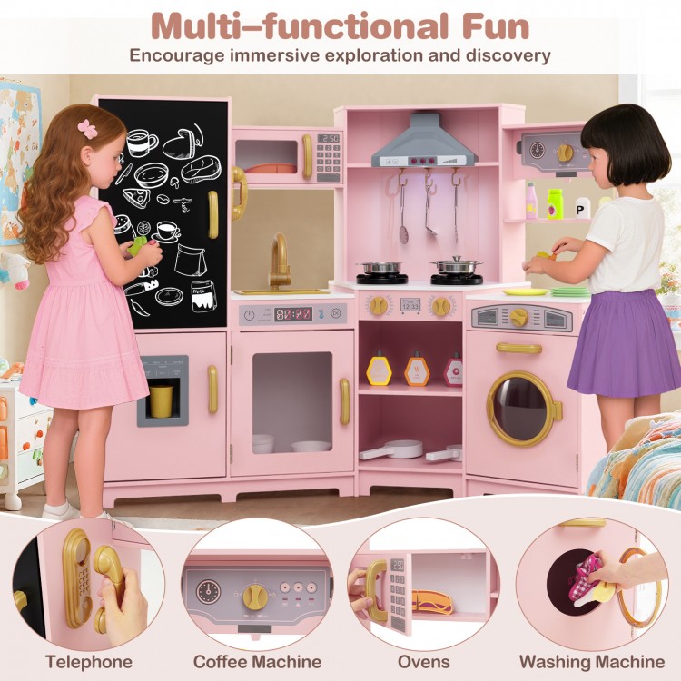 Corner wooden play kitchen set in pink with lights and sounds, featuring a microwave, coffee maker, and storage.