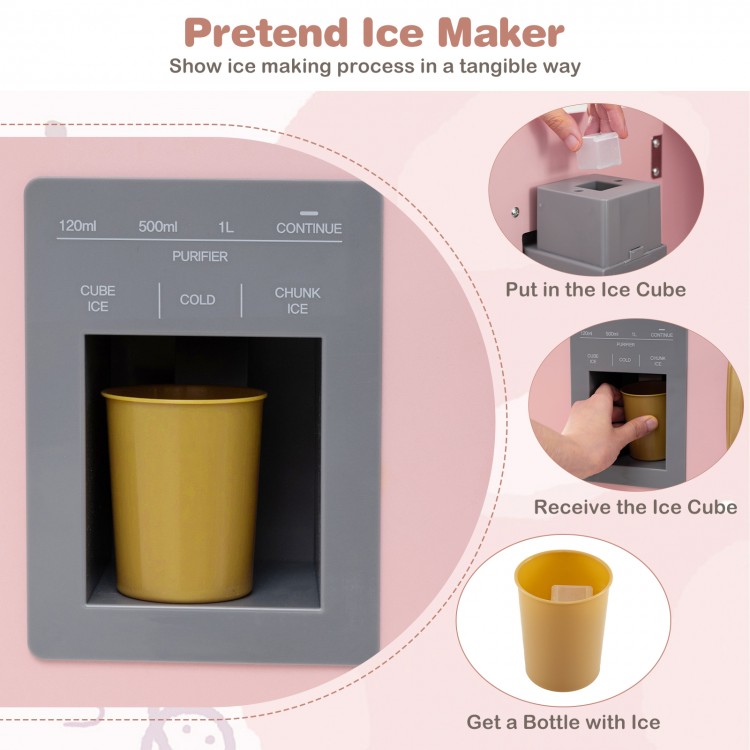 Pretend ice maker feature of the Corner Wooden Play Kitchen in pink, designed for imaginative play and skill.